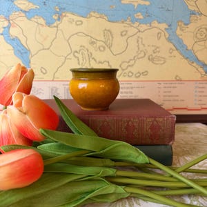 May include: A small, round ceramic pot with a glossy finish, featuring a vibrant yellow body that transitions into a dark green rim. The pot has a wide, slightly flared opening and a smooth, curved silhouette, resting on a small, circular base.