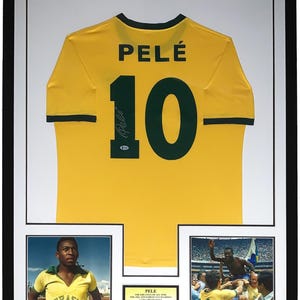 Pele Autographed Brazil National Team Jersey Beckett BAS COA Authenticated - Professionally Framed and World Cup Photo and Record Plate