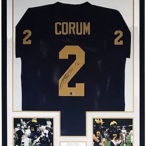 Blake Corum Authentic Signed 2023 Michigan Wolverines Jersey & National Championship Photo - Beckett Authenticated COA - Framed and Plate