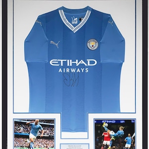 Erling Haaland Autographed Manchester City Jersey - Beckett BAS COA Authenticated - Professionally Framed and Goal Photo and Record Plate