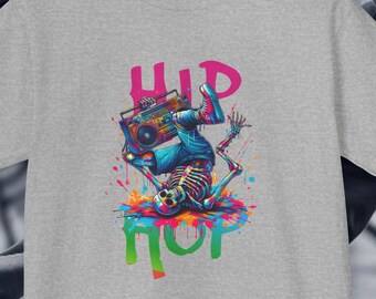 Youth Vintage B-boy Skeleton Hip-Hop T-Shirt with Ghettoblaster, 80s Retro Break Dancing Tee, Hip Cool B-boy Skeleton Tee, Vintage Boom Box