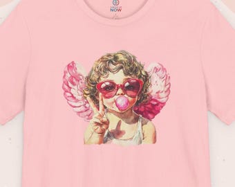 Retro Cupid Blowing Bubble Gum Angel Wings Shirt | Vintage Cherub Tee
