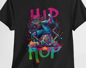 Retro Vintage B-boy Skeleton Hip-Hop T-Shirt with Ghettoblaster, 80s Retro Break Dancing Tee, Hip Cool B-boy Skeleton Tee, Vintage Boom Box
