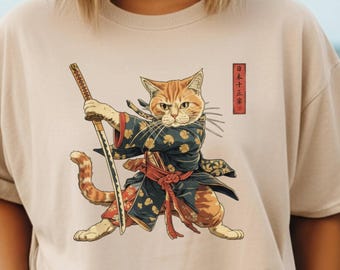 Samurai Cat T-Shirt  Vintage Warrior Kitty Graphic Tee  Ninja Cat Retro Japanese Art Shirt  Unique Ukiyo-e Style Top Unisex