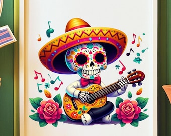 Sugar Skull Sombrero Mariachi png, Dia de Muertos, Mexican Day of the Dead Art, Mexican Halloween, Day of the Dead, Sublimate Design