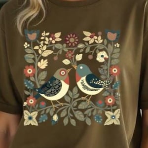 Cottagecore Birds and Flowers Shirt, Scandinavian Folk Art Top, Vintage Floral Bird, Scandi Art TShirt, Flower Shirt, Retro Birds Tee