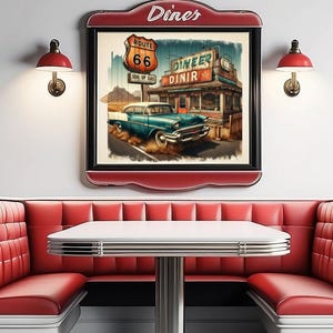 Vintage American Diner on Route 66 PNG, Retro Road Trip png, Classic Drive-In Delight Vintage Cafe, Old School Car at Diner Route 66 PNG