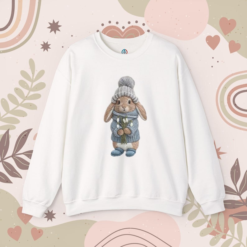 Cozy Bunny Crewneck Sweatshirt | Hand-drawn Winter Rabbit Knit Hat ...