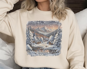 Winter Mountain Sweatshirt, Winter Mountain Crewneck, Vintage Cabin Sweatshirt, 90’s Winter Sweatshirt, Snowy Mountain Cabin Sweatshirt