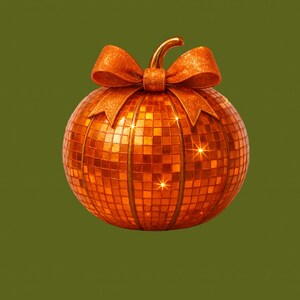 Può includere: Una zucca decorativa arancione con effetto palla da discoteca. Presenta un fiocco e un gambo abbinati, su sfondo verde. Ideale per l'autunno o Halloween, questo articolo aggiunge un tocco di brillantezza.