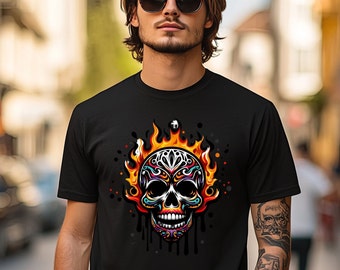Vintage Flaming Skull T-Shirt, Psychedelic Spooky  Skull Tee, Burning Skull Splatter Top, Vibrant Fire Skull Tee, Funky Skull Shirt