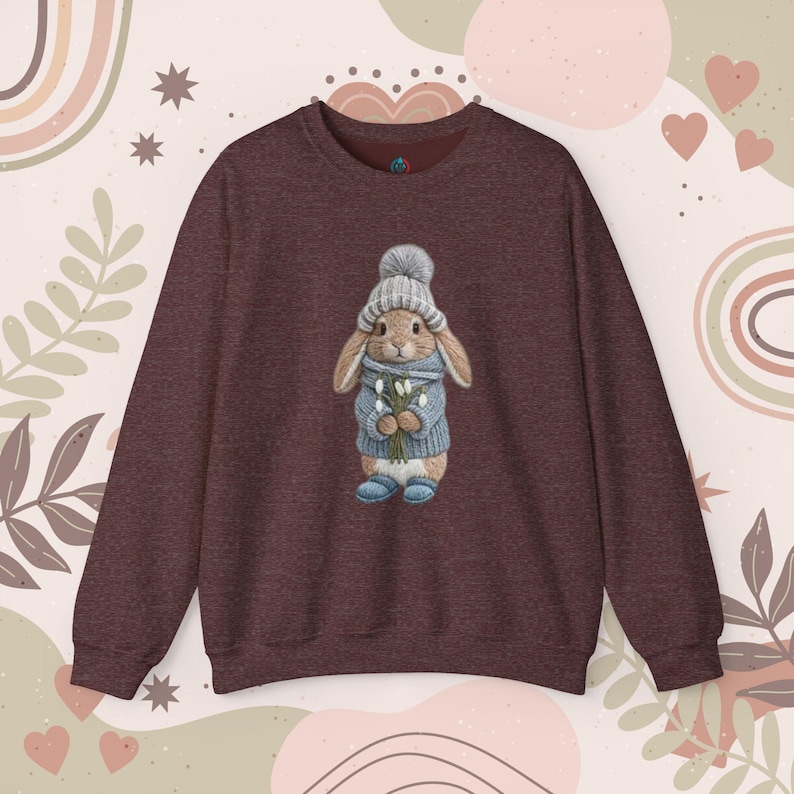 Cozy Bunny Crewneck Sweatshirt | Hand-drawn Winter Rabbit Knit Hat ...