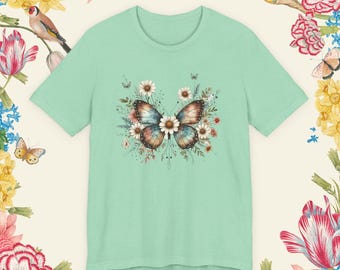 Stunning Butterfly & Floral Tshrt, Butterfly Floral Shirt, Monarch Butterfly Shirt,  Botanical Shirt, Boho Chic Butterfly Cottagecore Tee
