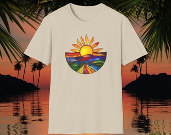Vibrant Sunburst Tshirt, Beach Sunset Tee, Mountain Landscape Sunrise Top, Majestic Sunset Shirt, Magical Sunrise Tshirt, Summer Vibes Tee