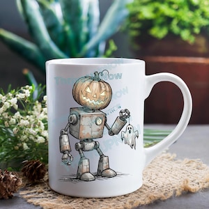 May include: White ceramic mug featuring a Halloween-themed illustration. The design depicts a robot with a pumpkin head holding a ghost. The mug has the text "Thrive Now" printed on it.