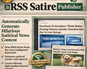 Könnte beinhalten: Werbung im Vintage-Stil für ein automatisiertes Satire-Tool für WordPress. Das Design enthält Zeitungselemente, Schlagzeilen und ein Hunde-Bild. Der Text enthält "RSS Satire Publisher" und "OpenAI Ready!"