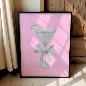 Pink Bow Print, Coquette Aesthetic Print, Bar Cart Decor, Martini Glass Wall Art, Preppy Digital Download