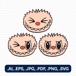 May include: Three cartoon monster face designs with different expressions. Each monster has a light peach color, spiky hair, a toothy grin, and a round orange nose. The bottom of the image has the file types .AI, .EPS, .JPG, .PDF, .PNG, .SVG.