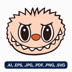 May include: A cartoon illustration of a smiling monster face in a light peach colour, with large black eyes and a small orange nose. The monster has a jagged outline and a row of white teeth. The image includes the file types: .AI, .EPS, .JPG, .PDF, .PNG, .SVG.