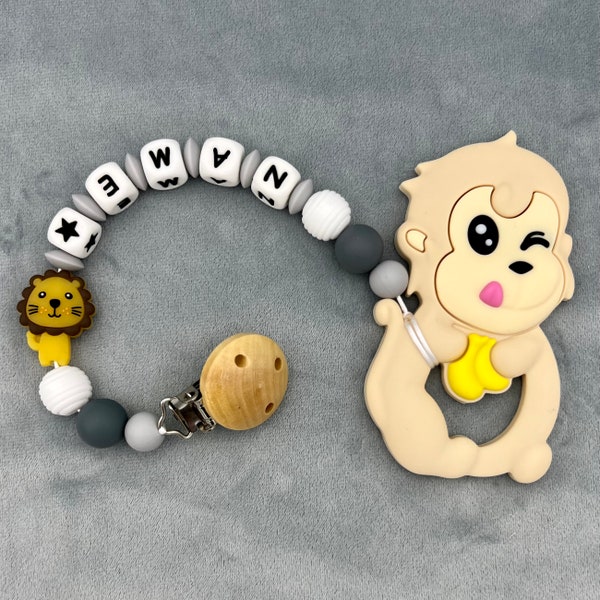 Beißkette mit Name - Silikon Affe mit Löwe in beige