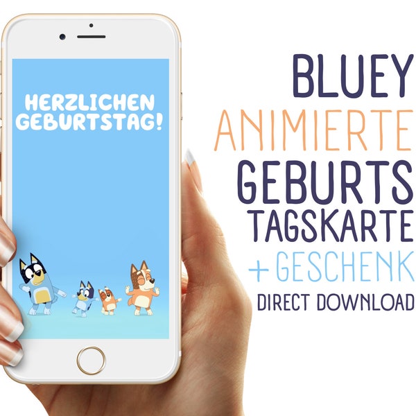 Animierte Geburtstagskarte Bluey und ein weiteres Geschenk, Ausmalbild zum Ausdrucken mit Bluey, Alles Gute zum Geburtstag