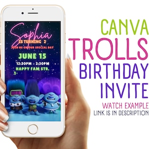 May include: A digital invitation for a birthday party featuring the characters from the movie Trolls. The invitation is on a smartphone screen and says "Sophia is turning 2. Join us on our special day. June 15, 12:30PM - 2:30PM, Happy Fam Str."