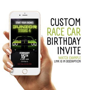 Race Car Birthday Video Invitation: Green Muscle Car Theme (Digital Download)