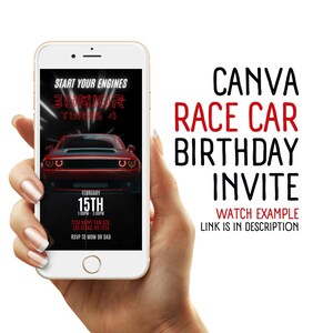 Op de afbeelding: Een smartphone die een digitale verjaardagsuitnodiging voor een race-autothemafeest weergeeft. De uitnodiging toont een rode spierauto met de tekst "Start Your Engines" en "Junior Turns 4". De uitnodiging bevat ook de datum, tijd en locatie van het feest.