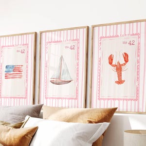 Beach Stamp Set of 3 Prints, Pink Coastal Wall Art, Watercolor Coastal Grandmother & Fisherman Aesthetic, Ocean Home Decor, Digital Download