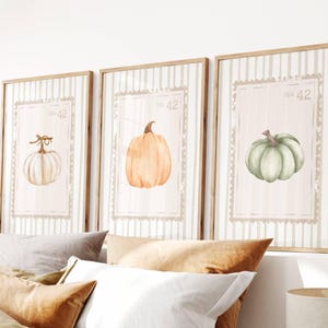 Może przedstawiać: Trzy oprawione wydruki z akwarelowymi ilustracjami dyni. Każdy wydruk ma jasno-beżowe, paskowane tło i centralny obraz dyni. Dynie są w kolorach białym, pomarańczowym i zielonym. Tekst "USA 42" znajduje się u góry.