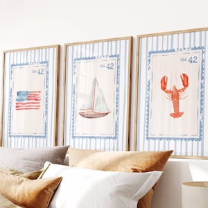 Beach Stamp Set of 3 Prints, Watercolor Coastal Wall Art, Coastal Grandmother & Fisherman Aesthetic for Ocean Home Decor, Digital Download
