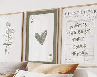 Olive Green Set of 3 Prints, Trendy Wall Art, Coquette Aesthetic Art, Cute Quote Poster for Teen Girl Bedroom Decor, Digital Download