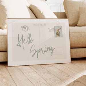 Hello Spring Print, Vintage Easter Poster, Cute Bunny Decor, Neutral Farmhouse Aesthetic, Sage Horizontal Wall Art, Retro, Digital Download