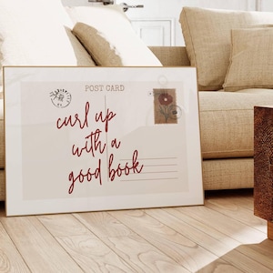 Trendy Book Print, Cozy Reading Corner, Vintage Postcard Poster, Horizontal Wall Art, Retro Book Lover Gift, Library Decor, Digital Download