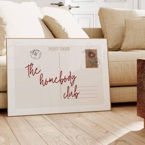 The Homebody Club, Vintage Postcard Poster, Trendy Wall Art, Horizontal Print, Retro Apartment Aesthetic, Cute Girly Decor, Digital Download