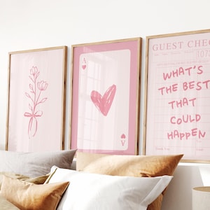 What's The Best That Could Happen, Girly Guest Check Print, Trendy Wall Art, Pink Prints for Coquette Room Decor, Set of 3 Digital Download