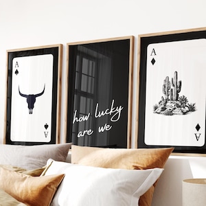 How Lucky Are We Set of 3, Ace Playing Card Poster, Trendy Western Wall Art, Retro Cowgirl Print, Modern Cowboy Decor, Digital Download