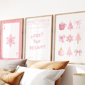 Pink Christmas Wall Art Set of 3, Trendy Holiday Print, Coquette Christmas Aesthetic, Cute Xmas Decor, Girly Winter Poster, Digital Download