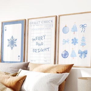 Blue Christmas Wall Art Set of 3, Trendy Holiday Print, Coquette Christmas Aesthetic, Cute Xmas Decor, Girly Winter Poster, Digital Download