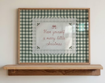 Have Yourself A Merry Little Christmas Print, Vintage Holiday Wall Art, Lace Gingham Poster, Cottagecore Christmas Decor, Framed Print