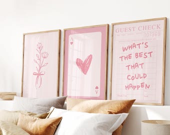 What's The Best That Could Happen, Girly Guest Check Print, Trendy Wall Art, Pink Prints for Coquette Room Decor, Set of 3 Digital Download