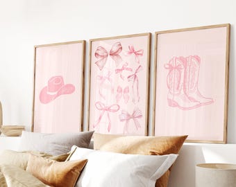 Coquette Cowgirl Set of 3 Prints, Girly Western Wall Art for Girls Room Decor, Digital Download