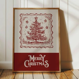 Vintage Christmas Tree Print, Merry Christmas Wall Art, Antique Stamp Poster, Cottage Core Holiday Decor, Winter Xmas Art, Digital Print