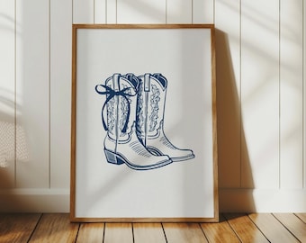 Navy Coquette Bow Cowboy Boot Print, Girly Western Wall Art, Trendy Cowgirl Poster, Vintage Western, College Apartment Aesthetic, Dorm Decor