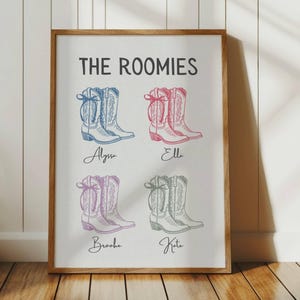 Personalized Roommate Print, Custom Roomies Sign, Coquette Bow Cowgirl Boots, Coastal Cowgirl Wall Art, College Apartment, Trendy Dorm Decor