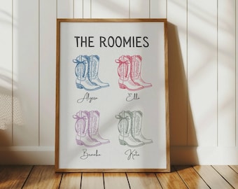 Personalized Roommate Print, Custom Roomies Sign, Coquette Bow Cowgirl Boots, Coastal Cowgirl Wall Art, College Apartment, Trendy Dorm Decor