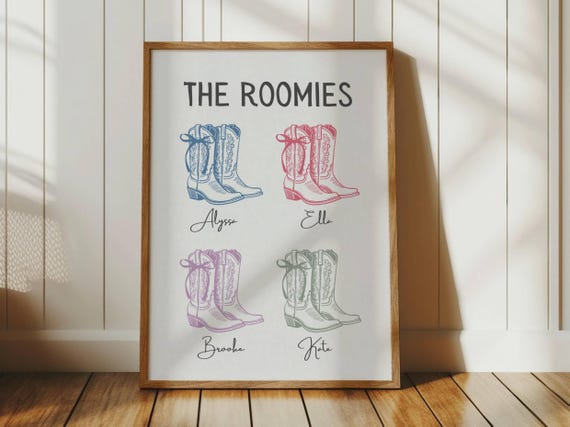 Personalized Roommate Print, Custom Roomies Sign, Coquette Bow Cowgirl Boots, Coastal Cowgirl Wall Art, College Apartment, Trendy Dorm Decor