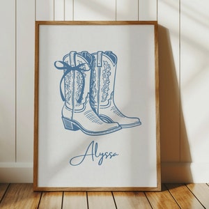 Personalized Name Print, Custom Name Sign Nursery, Coquette Cowgirl Boot, Coastal Cowgirl Wall Art, College Apartment, Trendy Dorm Decor