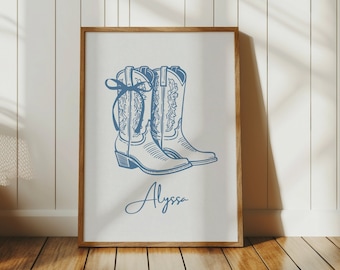 Personalized Name Print, Custom Name Sign Nursery, Coquette Cowgirl Boot, Coastal Cowgirl Wall Art, College Apartment, Trendy Dorm Decor