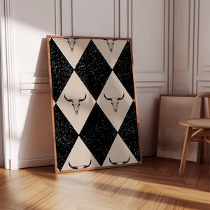 black and beige vertical poster with retro diamond argyle print and bull skulls